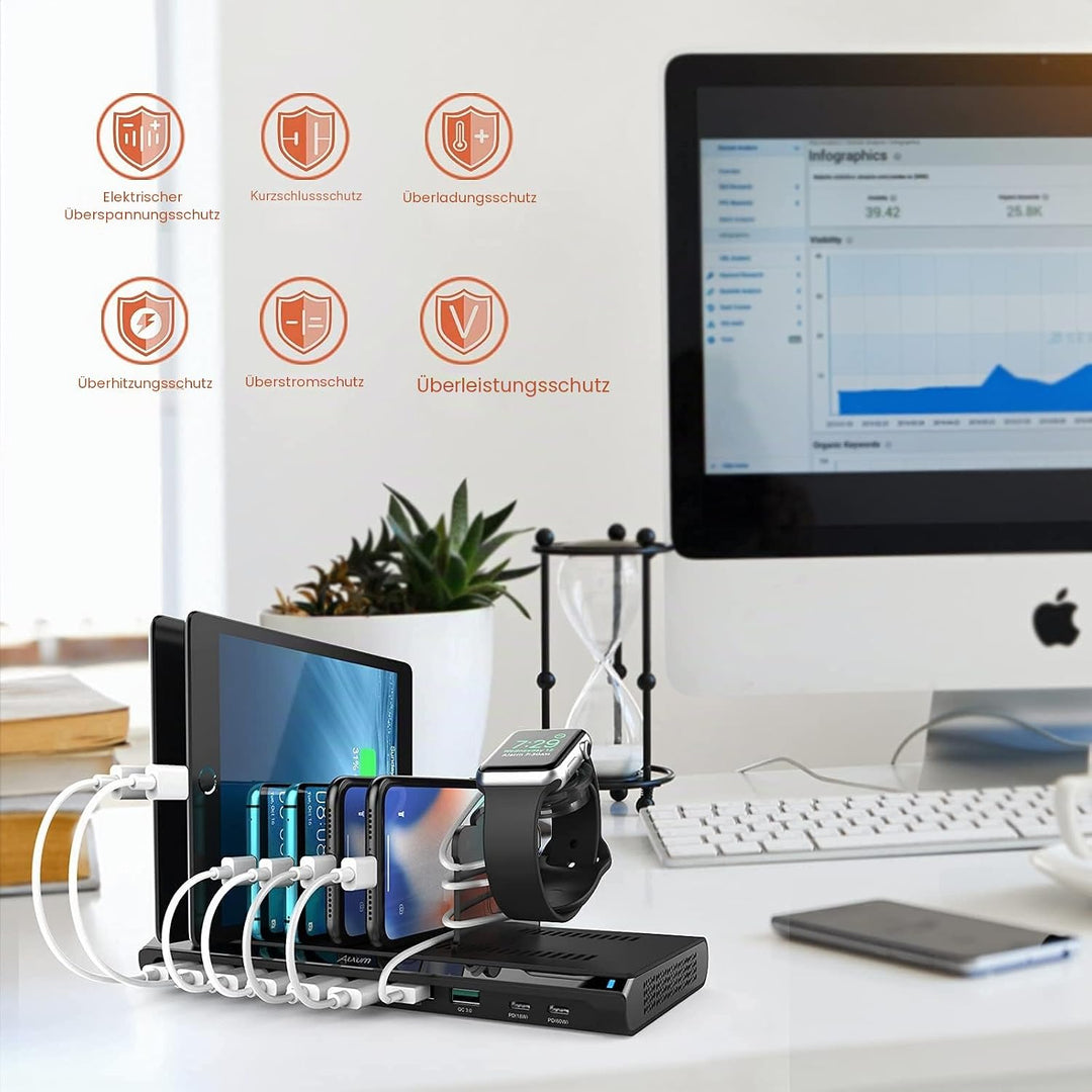 Alxum 120W 10 Port USB C Ladestation für Multi-Geräte, USB Multi Mobile Ladestation Schnellladestati