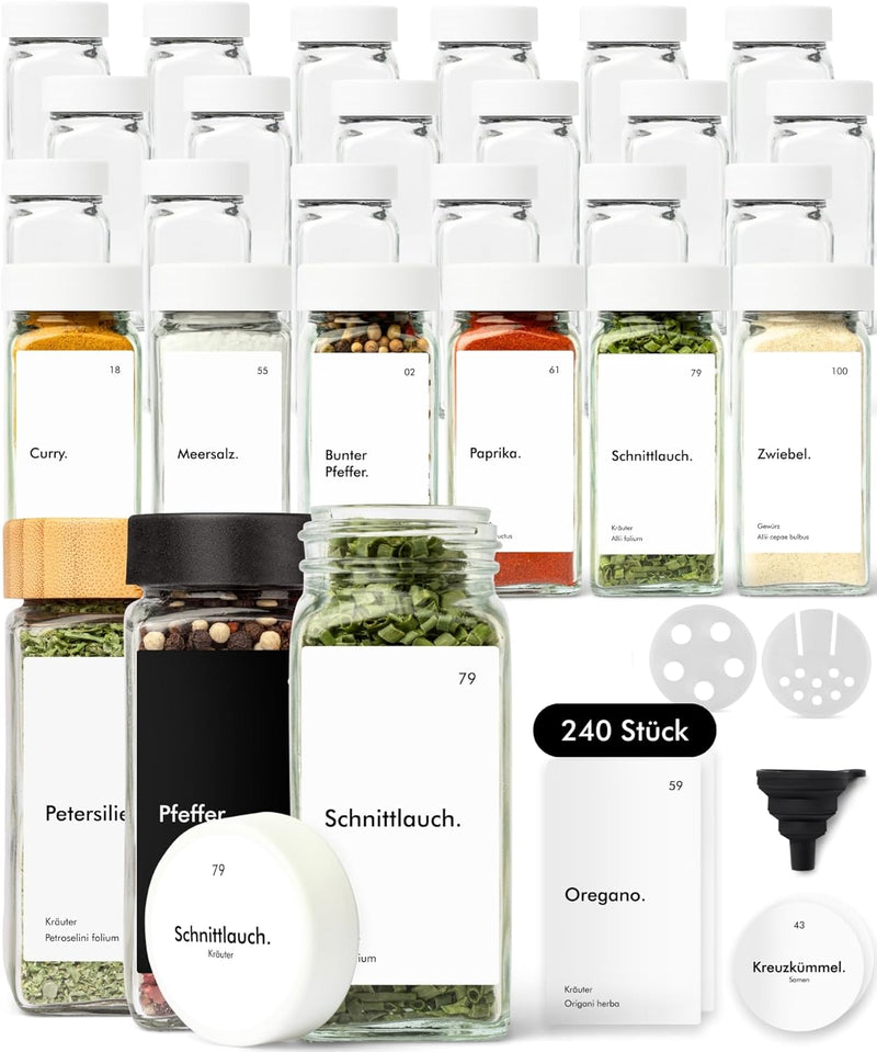 KIVY Gewürzgläser mit Streueinsatz [24x 120ml] + 240 Wasserfeste Label - Luftdichte Gewürzgläser Gol