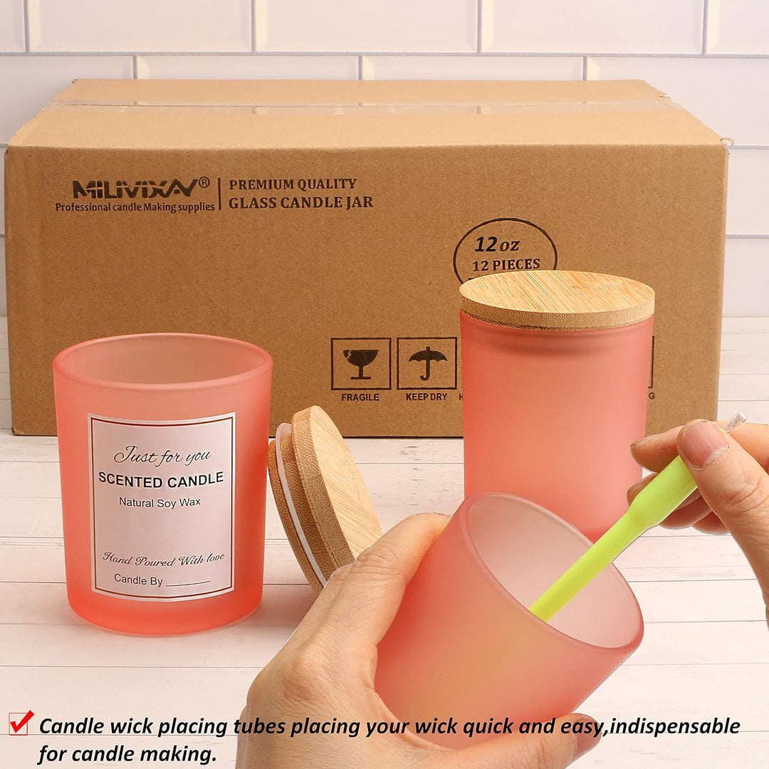 MILIVIXAY 12 Stück 340 ml mattrosa Glaskerzengläser mit Deckel und Kerzenherstellungs-Kits – leere K