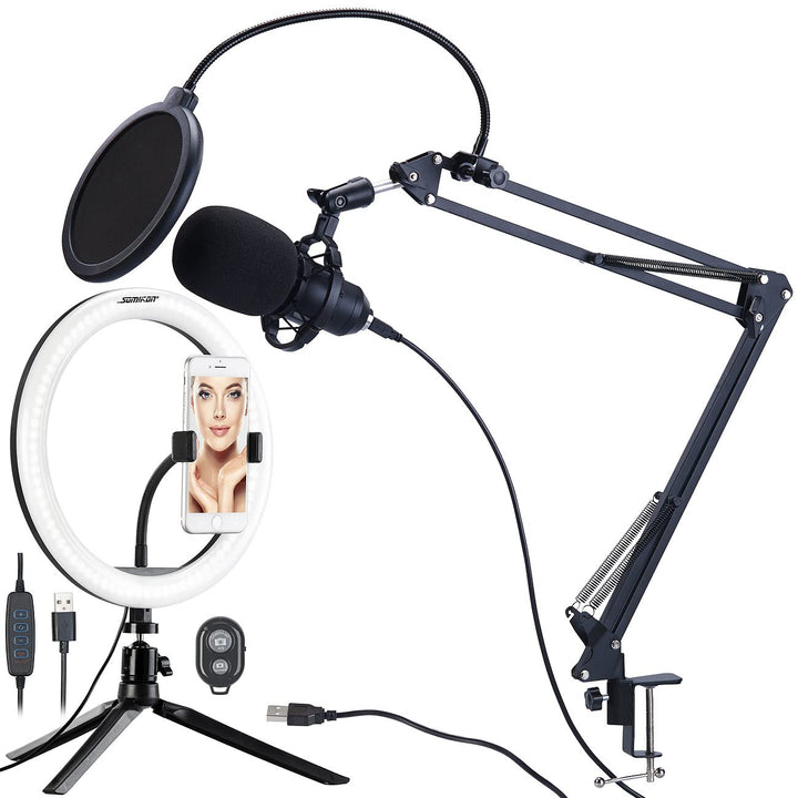 auvisio Micro: Profi-USB-Kondensatormikrofon mit Popschutz & Ringlicht (Gesangsmikrofon, USB Mikro,