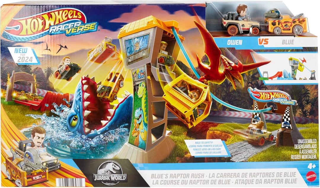 Hot Wheels Trackset und Spielzeugautos, RacerVerse Jurassic World Blues Raptorenangriff Trackset mit