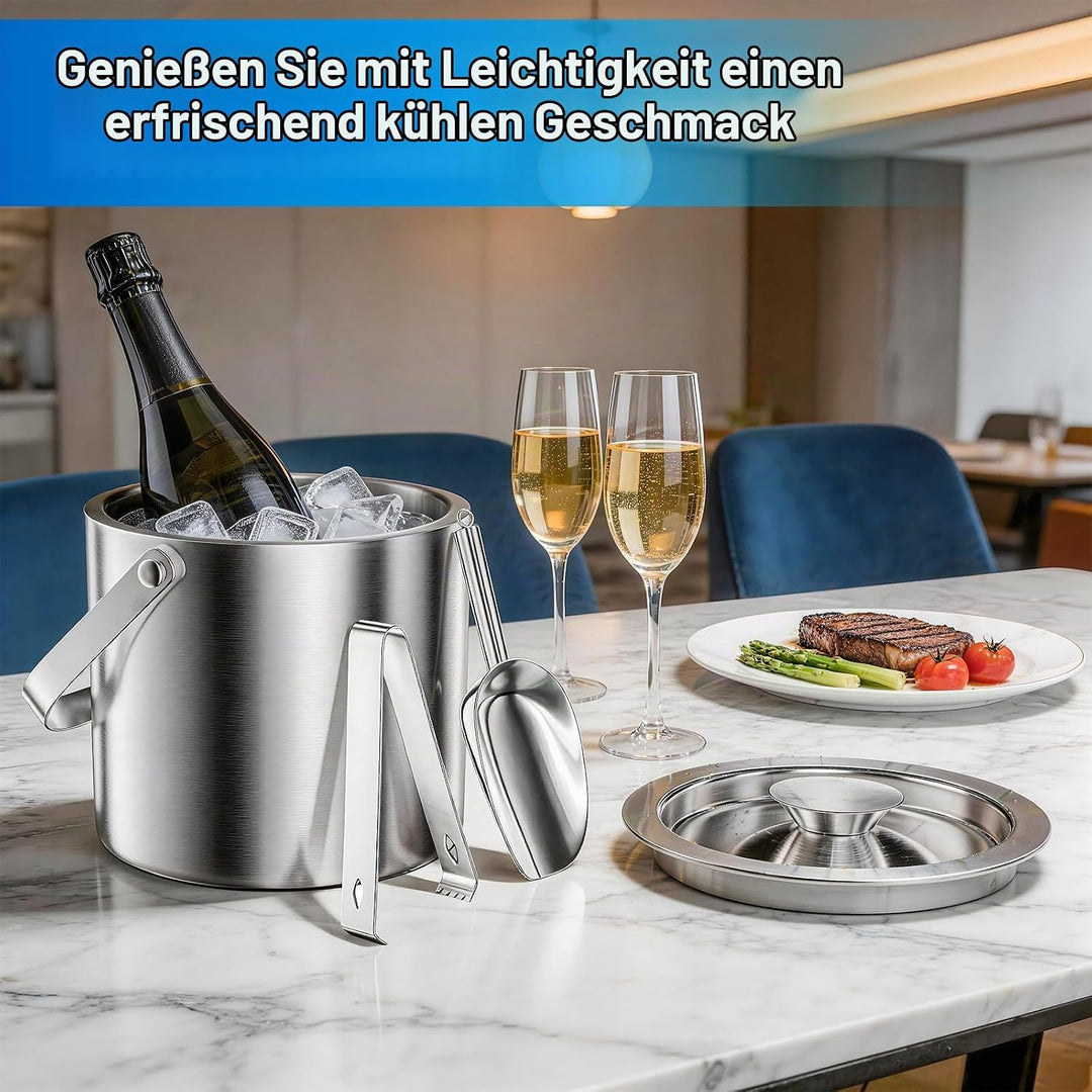 3L Eiswürfelbehälter mit Deckel Schaufel und Eiszange, Eiskübel Doppelwandiger für Abkühlen von Bier