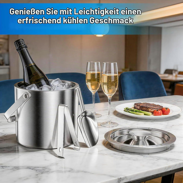 3L Eiswürfelbehälter mit Deckel Schaufel und Eiszange, Eiskübel Doppelwandiger für Abkühlen von Bier