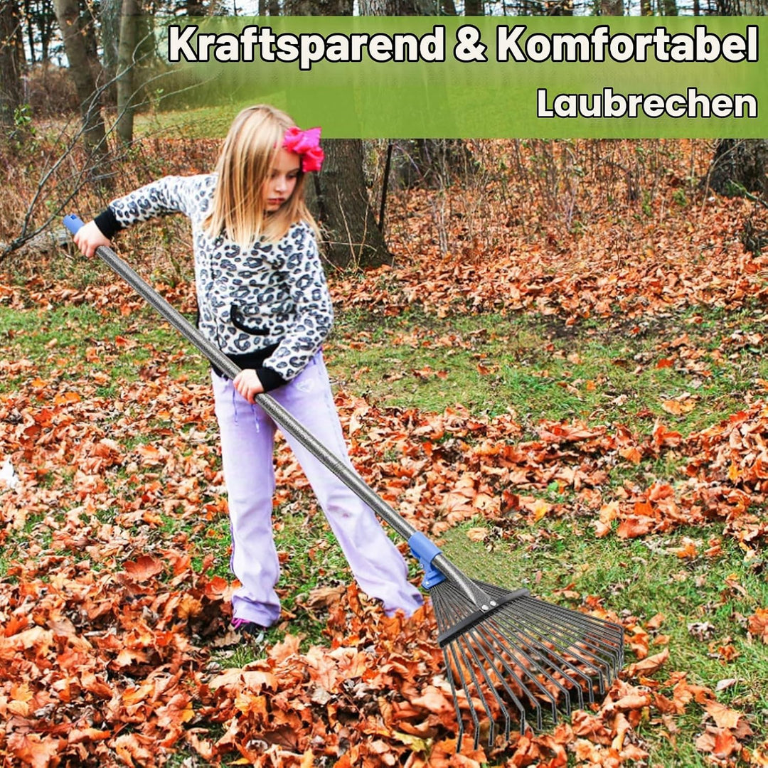 Gartenrechen Laubrechen, 18-zinkiger Metallrechen mit verstellbarem Kopf 25-45 cm, Rasenrechen Laubb