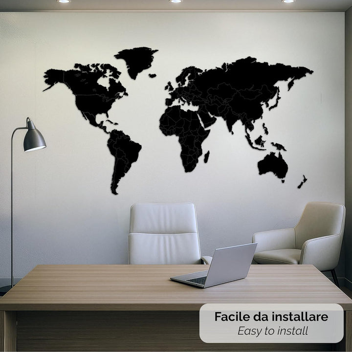 Giallobus - Weltkarte - HOLZDEKORATION VON MDF-Farbe SCHWARZ - 130x72 cm 130x72cm Schwarzer Mdf, 130