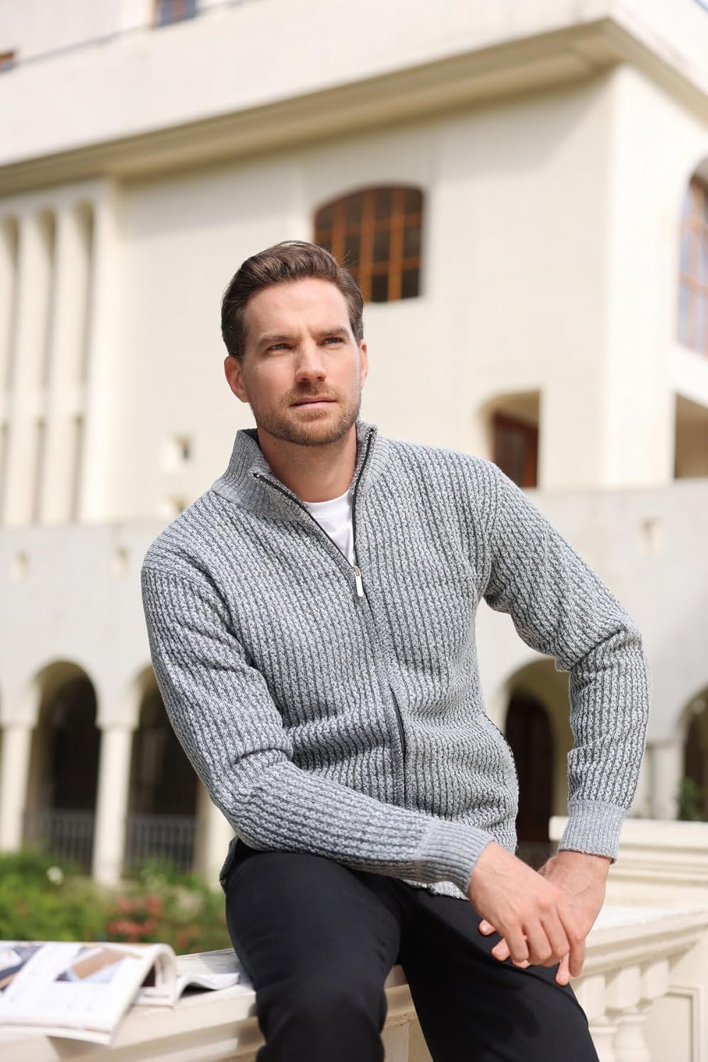 Allthemen Herren Cardigan Grobstrick Reissverschluss Strickjacke mit Stehkragen Winter Pollover Knit