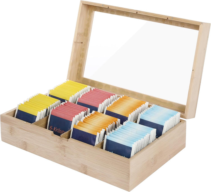 Bambus Teebox Teekiste aus Holz mit 8 Fächern und Sichtfenster - Ideal für Teebeutel, Tee, Kaffee, G