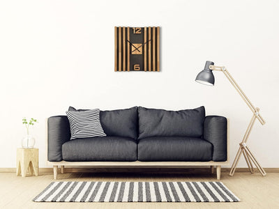 FLEXISTYLE Wanduhr gross aus Holz Lamellen SQ 60cm Holzoptik schwarz 3D Eiche modern ohne Ticken Woh