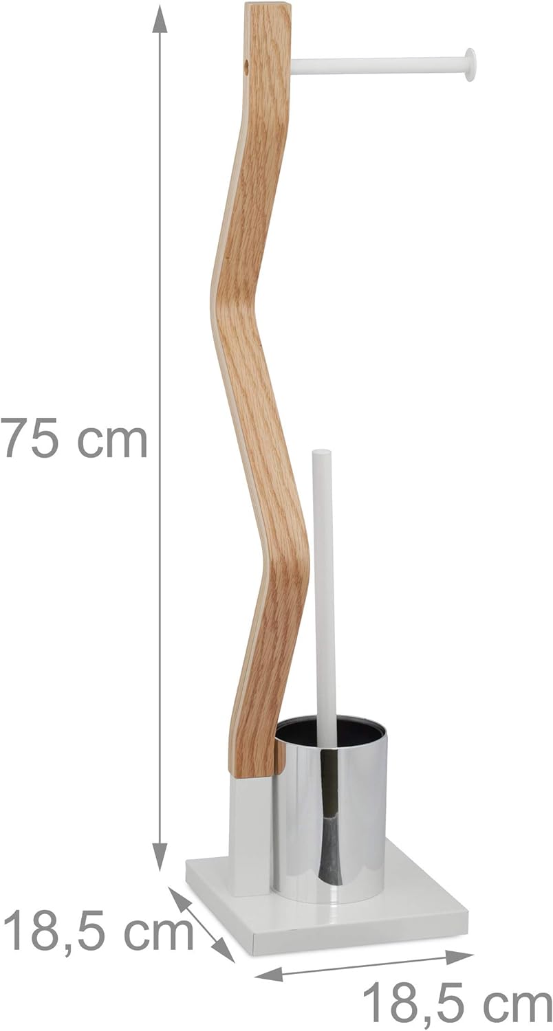 Relaxdays WC Garnitur stehend, Holz und Stahl, Toilettenpapierhalter mit Bürste, HBT 75 x 18,5 x 18,