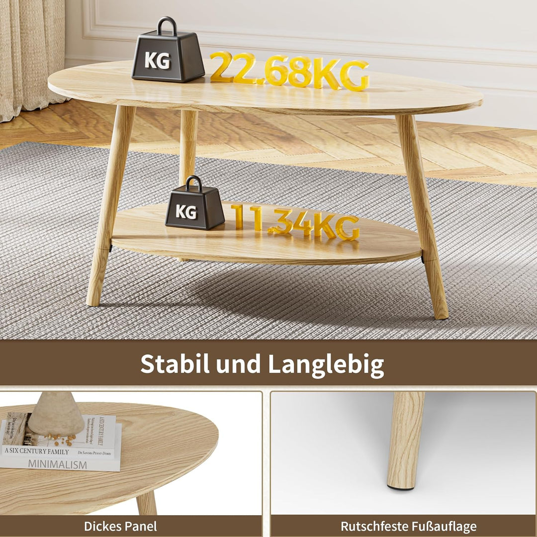 Table Basse, Massivholz Teetisch, Oval Doppelschicht Couchtisch, Runder Tisch für das Wohnzimmer, Co