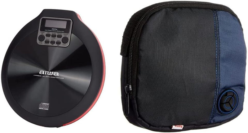 CD-Player AIWA PCD-810RD Rot/Schwarz & Hama CD-Player-Tasche für Discman und 3 CDs (mit Kabelausgang