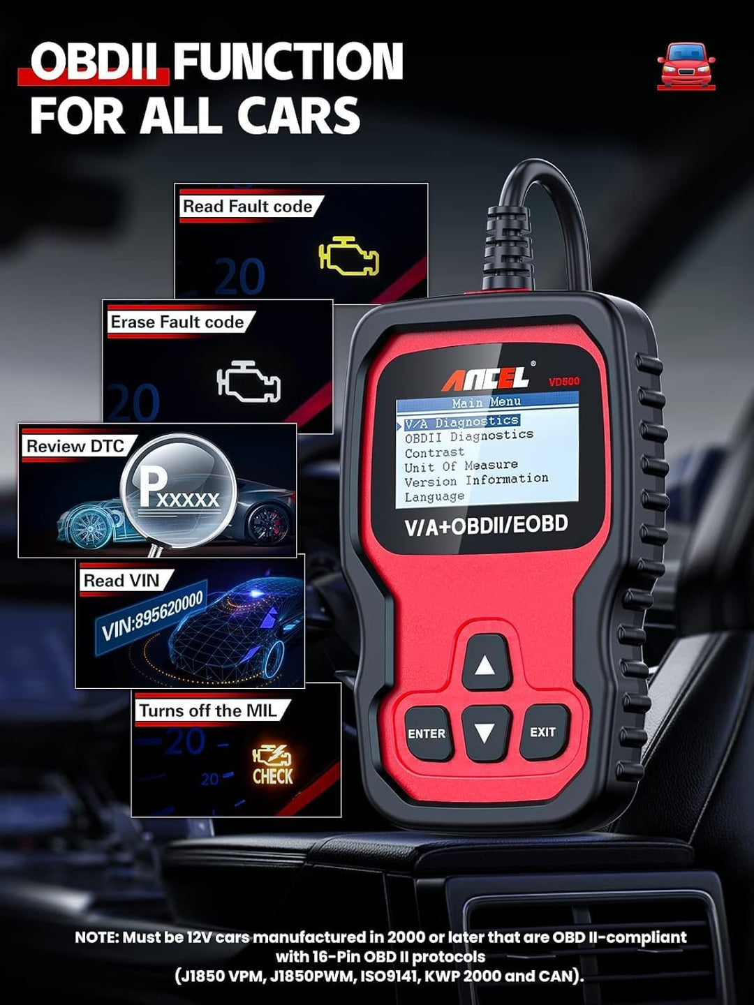 ANCEL VD500Pro OBD2 Diagnosegerät Auto, Kabelgebunden, Fehlercode Auslesegerät für VW/Audi/Skoda/Sea