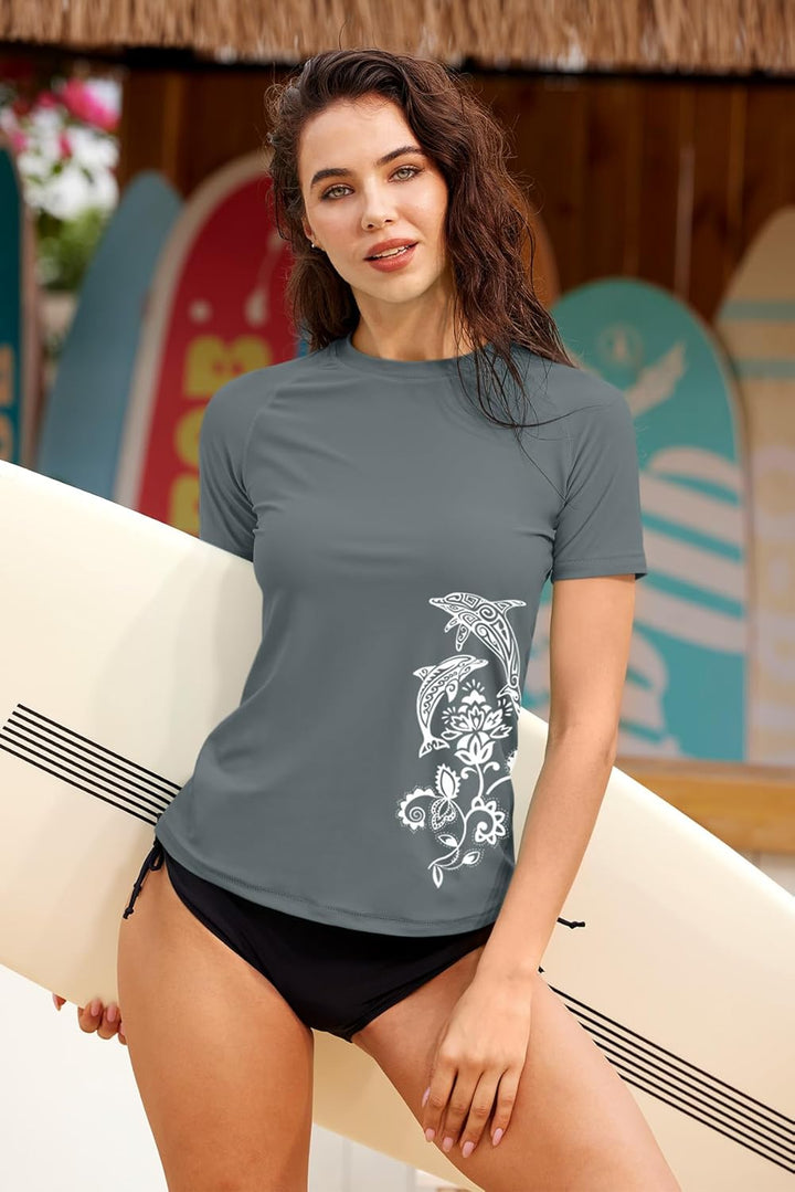 BesserBay Damen Rundhals Kurzarm Rash Guard Shirt Schnelltrocknend UPF 50+ Badeshirt S-XXL M Grau, M