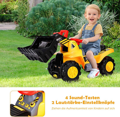 COSTWAY Sitzbagger mit eingebautem Ablagefach, Kinderbagger mit 4 Sound-Tasten, Bagger Spielzeug, Sa