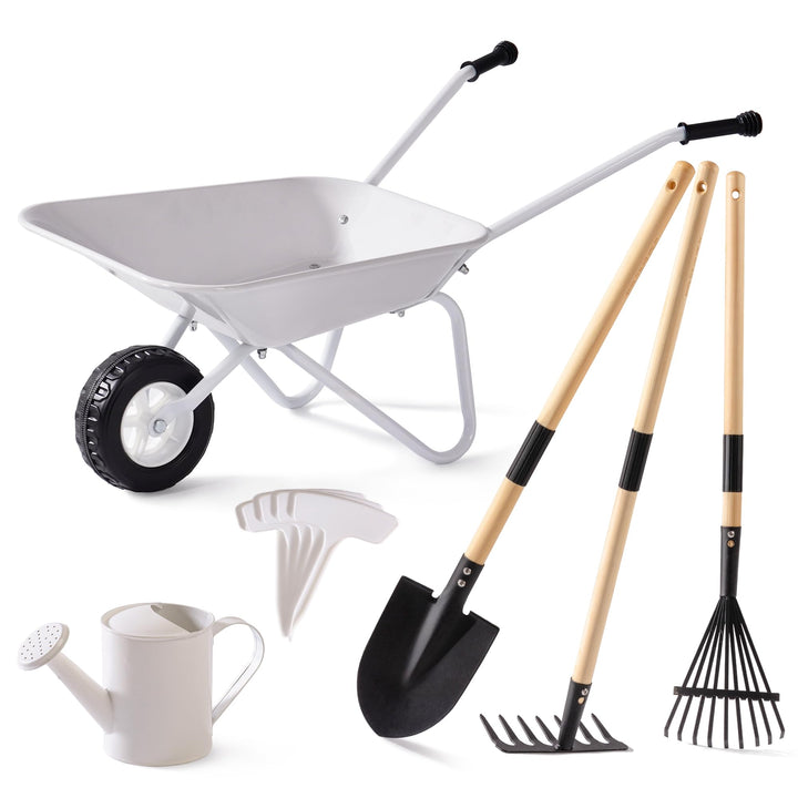 ROBUD Schubkarre Kinder Metall mit Gartengeräte Set, Kinderschubkarre mit Langer Schaufel, Rechen, L