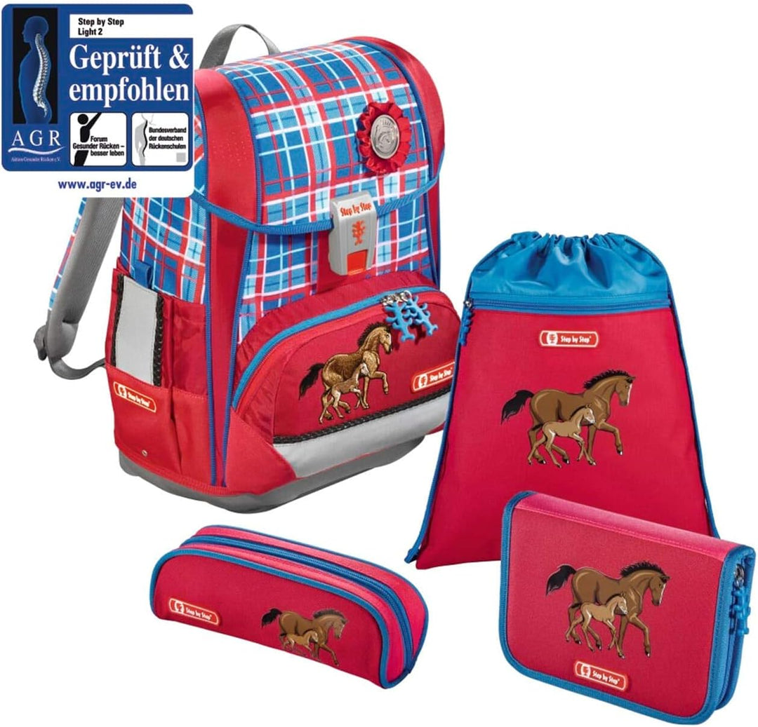 Step by Step Schulranzen-Set LIGHT „Horse Family“ 4-teilig, blau-rot, Pferde-Design, ergonomischer T