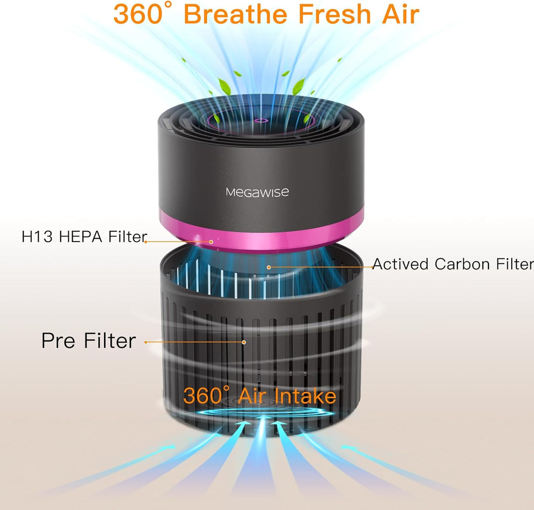 MEGAWISE Büro Luftreiniger mit 3-in-1 True HEPA Filter Desktop Luftreiniger für Haustiere, Raucher,