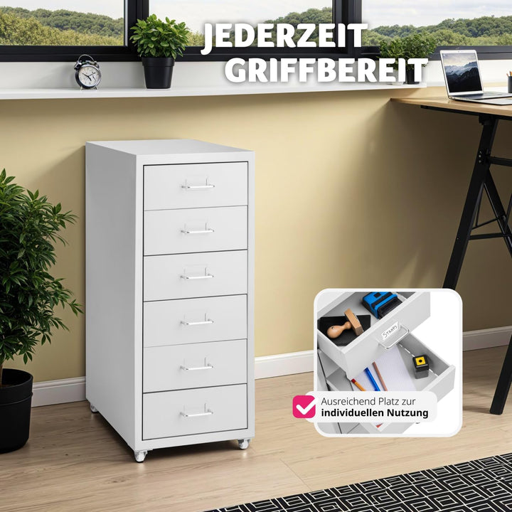 tectake® Metall Rollcontainer, Büromöbel für Schreibtisch, Büro Organizer mit 6 Schubladen, Schublad