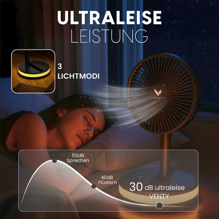 VENTY Tragbarer Ventilator - Faltbarer Ventilator Akku mit Transporttasche, Ladeanschluss und USB-An