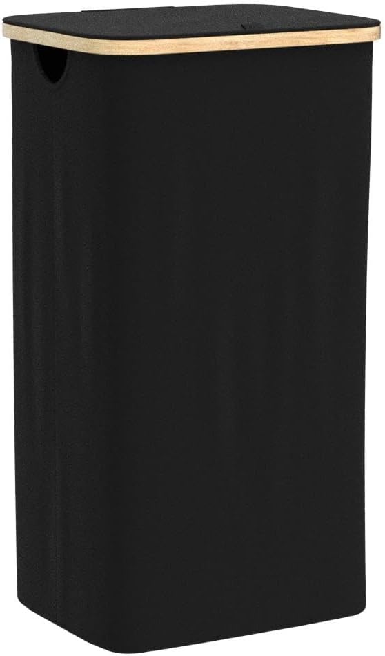 HENNEZ 100L Wäschekorb mit Deckel Schwarz - mit Wäschesack Wäschesammler schmal mit Deckel - Schwarz