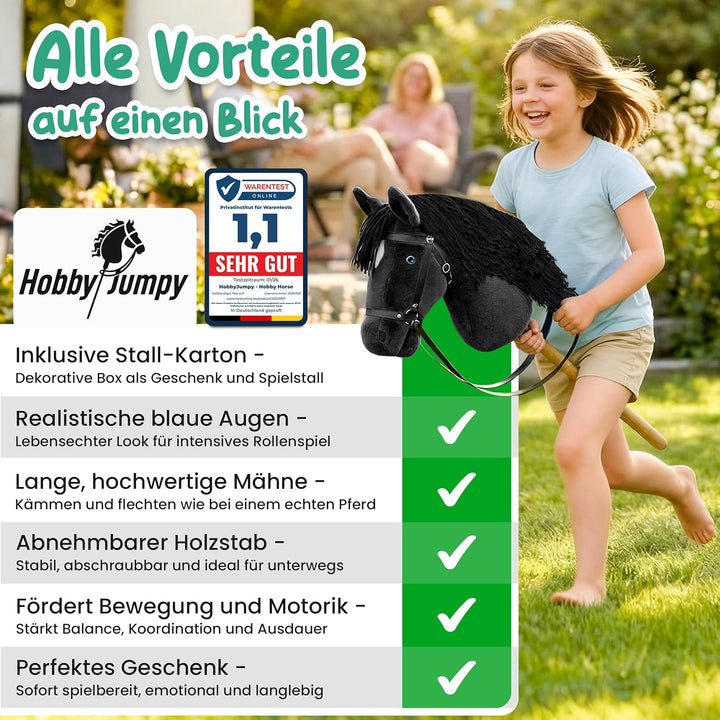 HobbyJumpy Neu Premium Hobby Horse,Steckenpferd,Stockpferd mit realistischen Augen & Stall‑Karton –