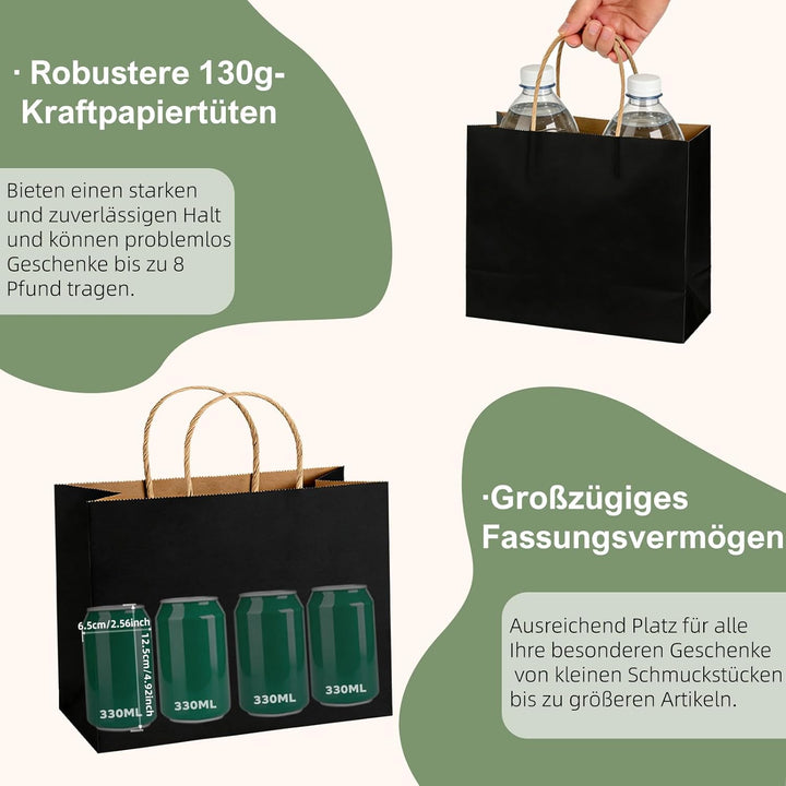 Weifeng 20 Stück Papiertüten Gross 30x12x23cm, Schwarz Papiertragetasche Kraftpapiertüten mit Henkel