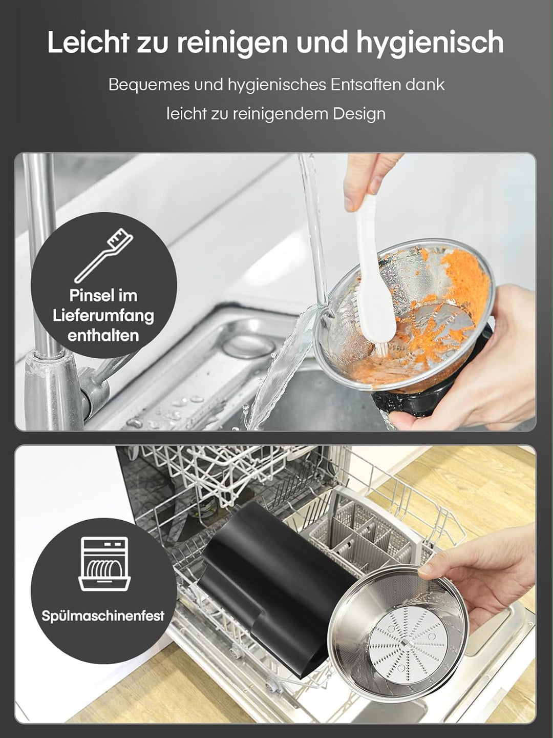 Entsafter Gemüse und Obst, 65 mm Einfüllschacht, 3 Einstellungen, Mit Reinigungsbürste, Leicht zu Re