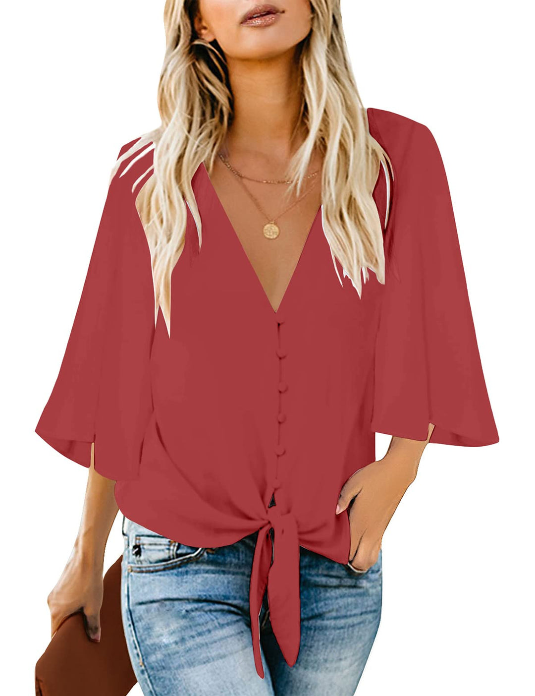 Roskiky Damen Bluse Chiffon Elegant V-Ausschnitt Bell Sleeve Fledermausärmel Oberteile Hemd Loose To
