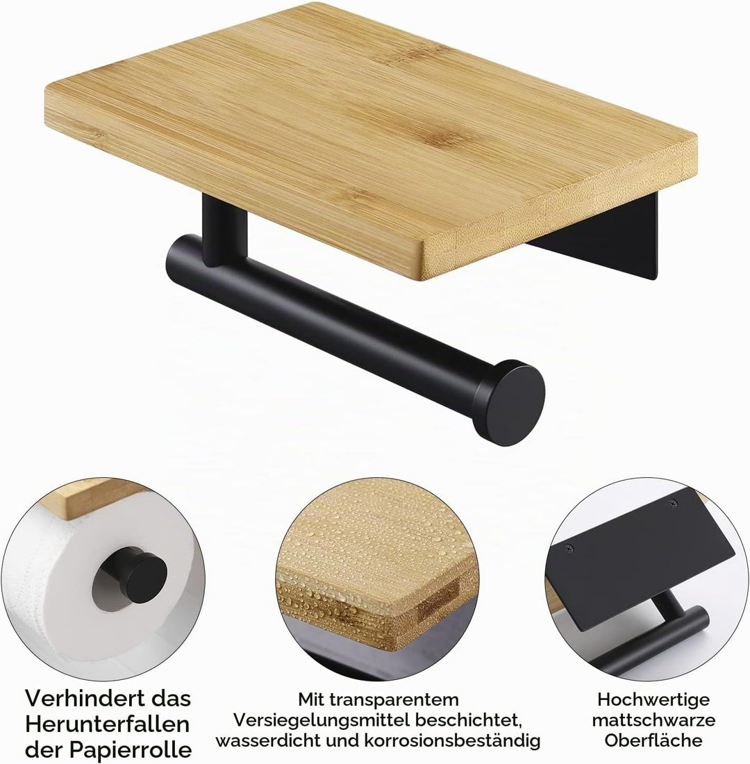 KES Toilettenpapierhalter ohne Bohren mit Bambus-Ablage Klopapierhalter Schwarz Klorollenhalter WC P