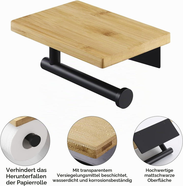 KES Toilettenpapierhalter ohne Bohren mit Bambus-Ablage Klopapierhalter Schwarz Klorollenhalter WC P