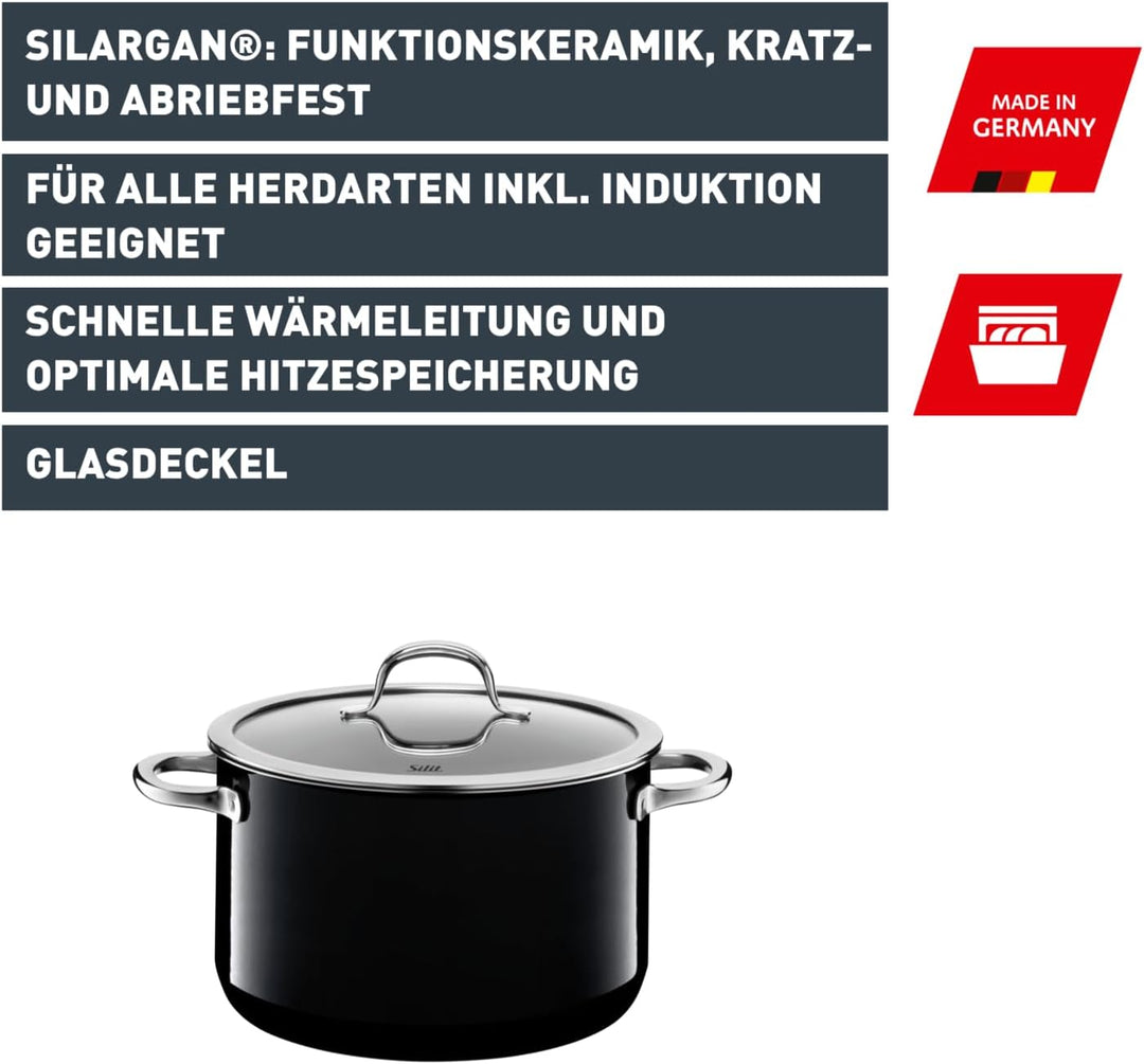 Silit Passion Black Kochtopf hoch 16cm, Glasdeckel, Fleischtopf 2,0l, Silargan Funktionskeramik, Top
