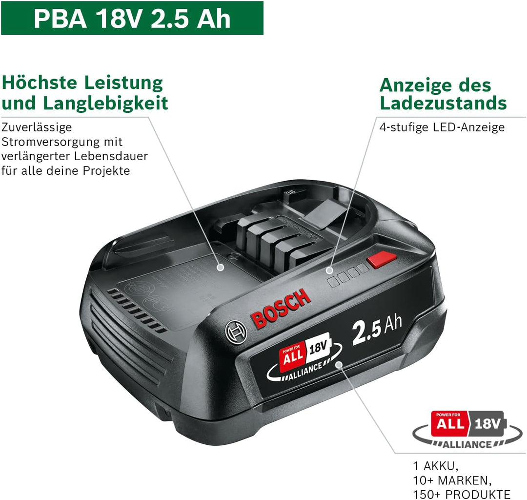 Bosch 18 Volt Ersatz Akku (2,5 Ah, kompatibel mit allen Geräten des grünen Bosch Home & Garden 18 Vo