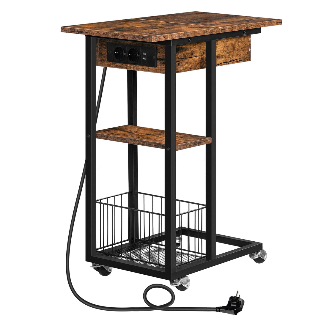 HOOBRO Beistelltisch mit Ladestation, Flip C-Form Sofatisch, Couchtisch mit Rädern und Ablagefläche,
