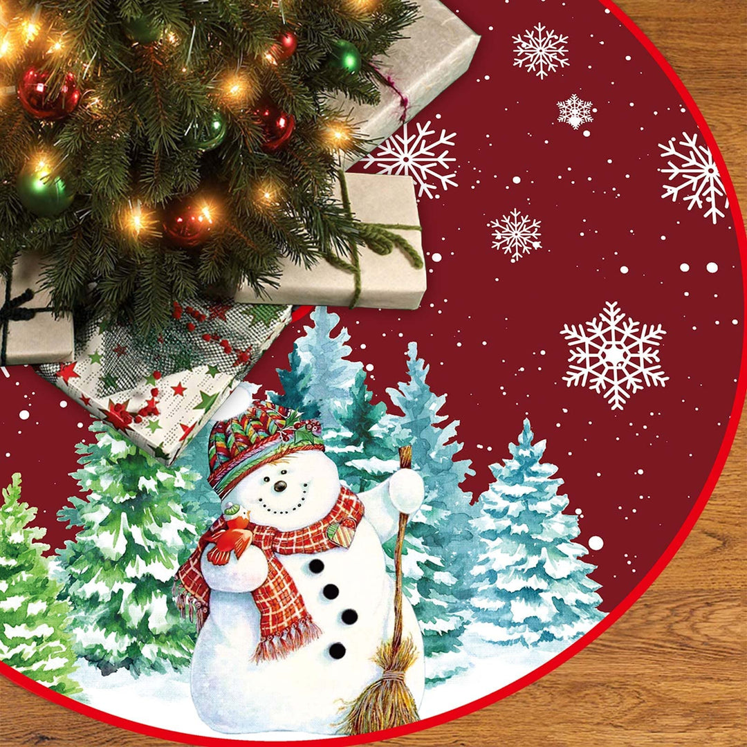 Weihnachtsbaum Decke 120cm, Dunkelrot Weihnachtsbaum Rock mit Schneemann & Schneeflocke, Polyester W