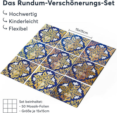 50 Stück Fliesenfolie für Bad und Küche 15x15 cm - Klebefliesen, Mosaikfliesen - Aufkleber Fliesen s