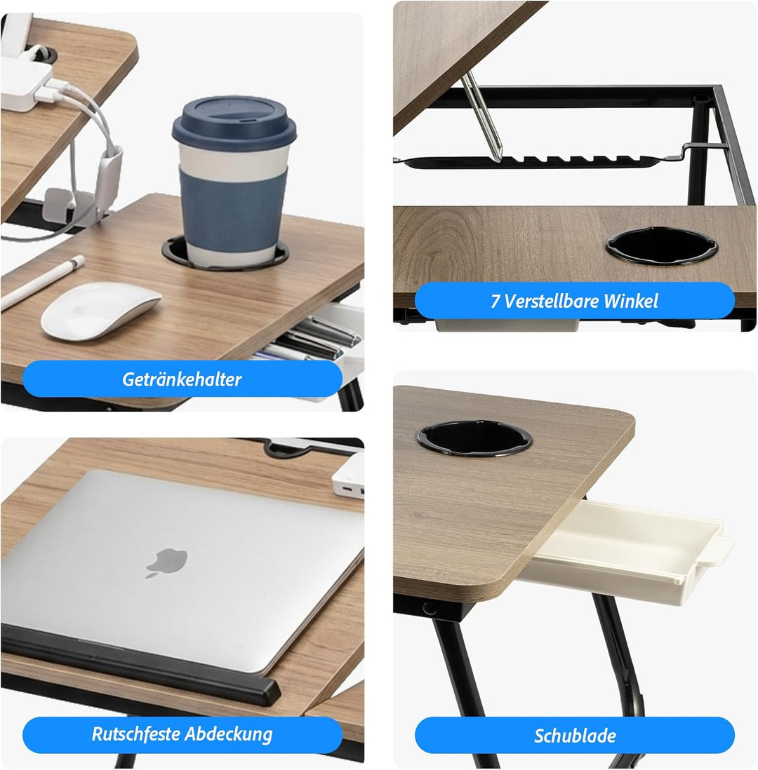 Faltbarer Laptoptisch, höhenverstellbarer Laptop-Tisch mit Getränkehalter & Lesepult, tragbarer Bett