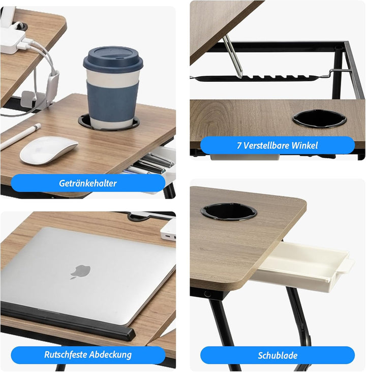 Faltbarer Laptoptisch, höhenverstellbarer Laptop-Tisch mit Getränkehalter & Lesepult, tragbarer Bett