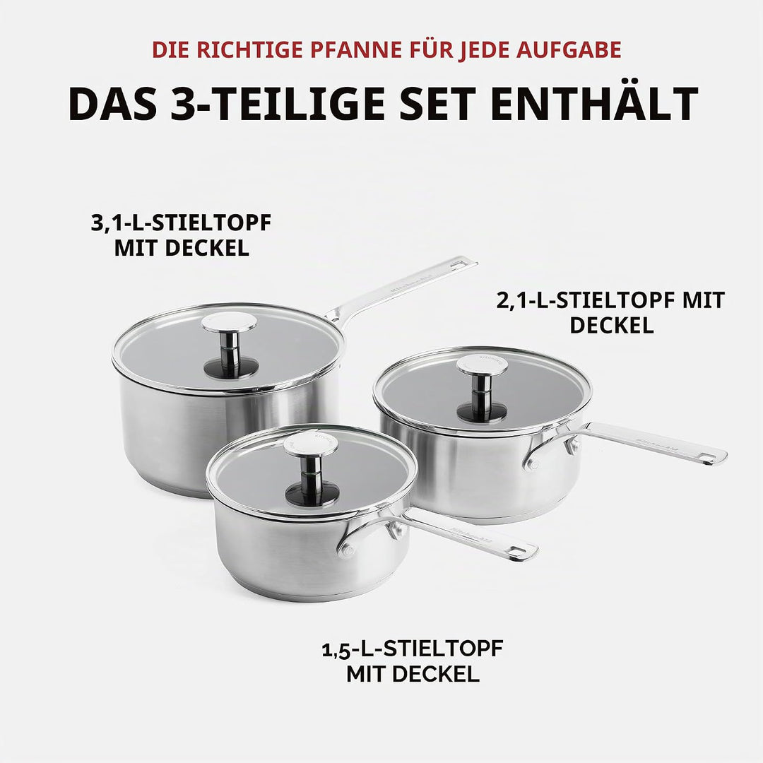 KitchenAid Stainless Steel Stielkasserollen-Set (16cm, 18cm & 20cm), PFAS-freie keramische Antihaftb