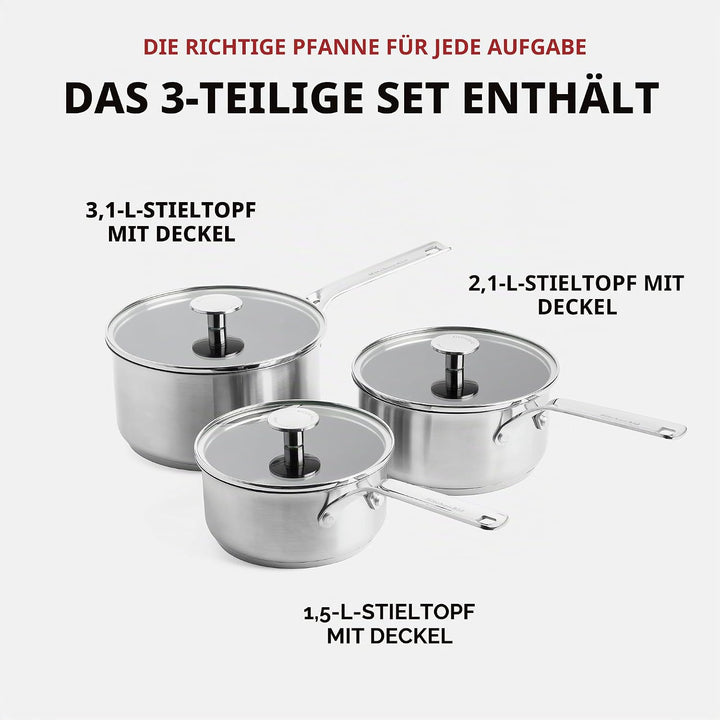 KitchenAid Stainless Steel Stielkasserollen-Set (16cm, 18cm & 20cm), PFAS-freie keramische Antihaftb