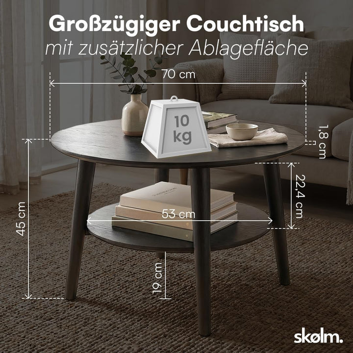 skølm Mjölnir Couchtisch rund Ø70 cm – Wohnzimmertisch aus Eiche Massivholz – Sofatisch mit 2 Ablage