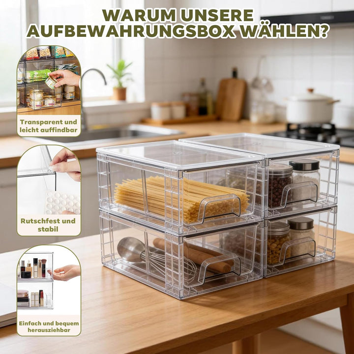 4er-Set Mittelgrosse Stapelbare Aufbewahrungsschubladen – Transparente Acryl-Organizer mit Griffen,