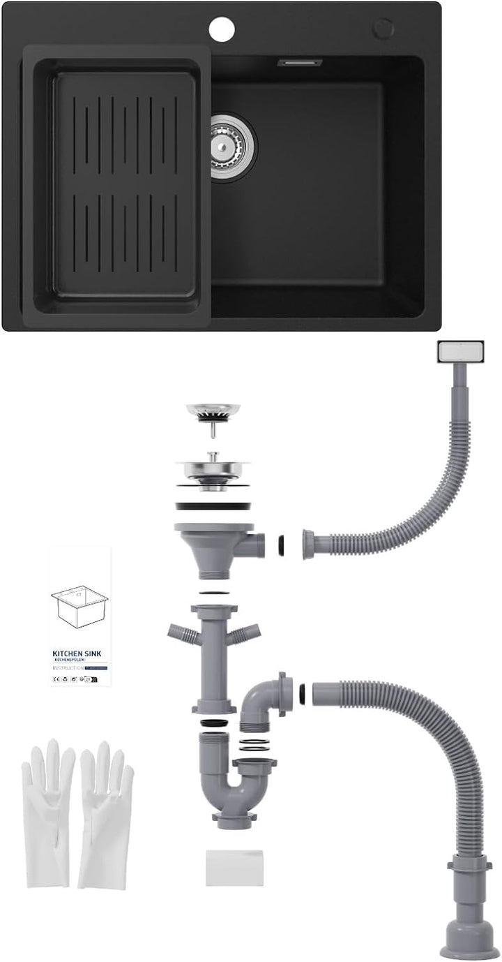 CECIPA Spülbecken Schwarz Granit 60 x 45 cm, Küchenspüle mit Siebkorb, Waschbecken Küche, Spüle Schw