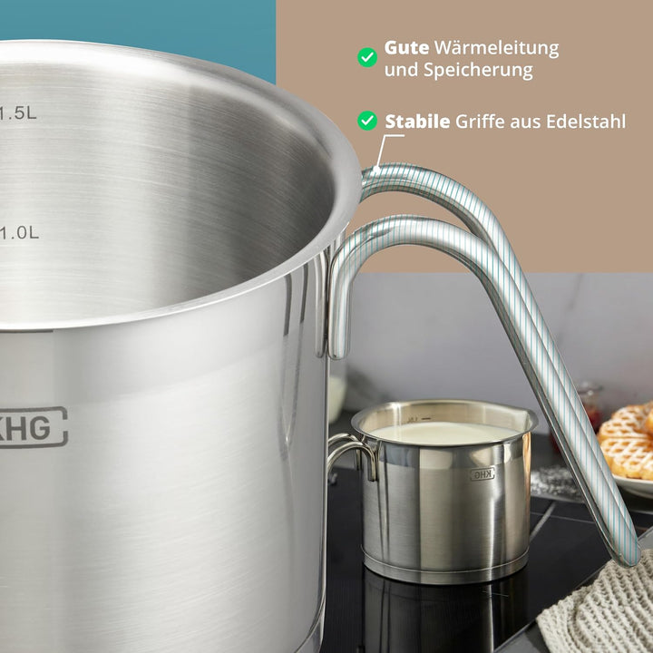 KHG Topf Kochtopf Milchtopf 14 cm Induktion, Edelstahl unbeschichtet | 11,5 cm hoher Rand, 1,5 Liter