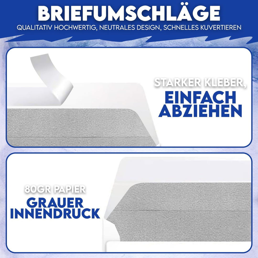 1000 Briefumschläge ohne Fenster DIN Lang, 110 mm x 220 mm, 80g/m² Papier, weisse Briefumschläge mit