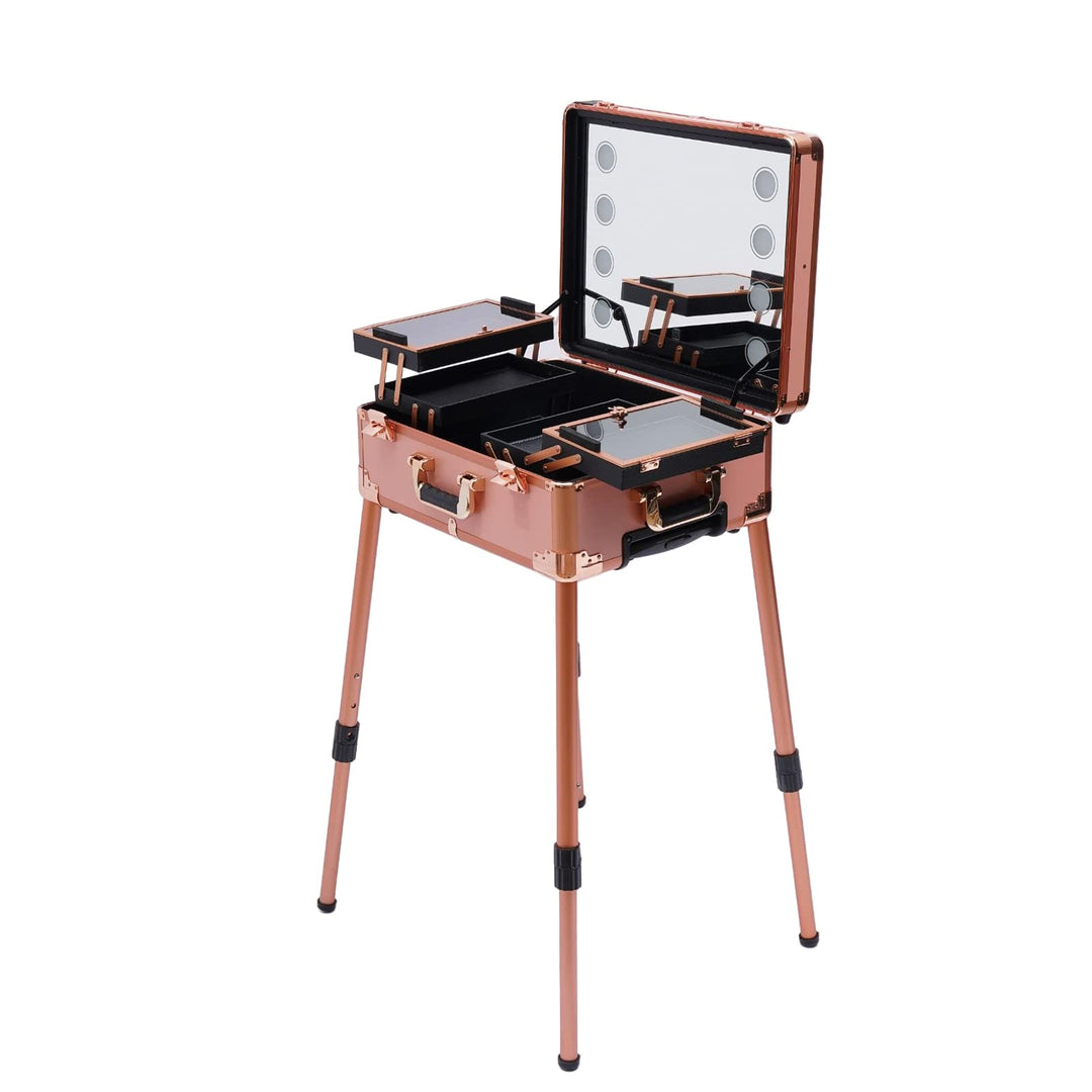 Schminktisch mit 4 Rollen, Kosmetikkoffer Trolley Schminkkoffer mit Beleuchtung & Spiegel, Make up K