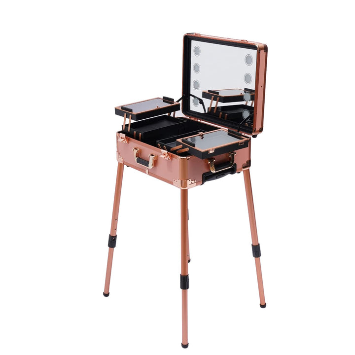 Schminktisch mit 4 Rollen, Kosmetikkoffer Trolley Schminkkoffer mit Beleuchtung & Spiegel, Make up K