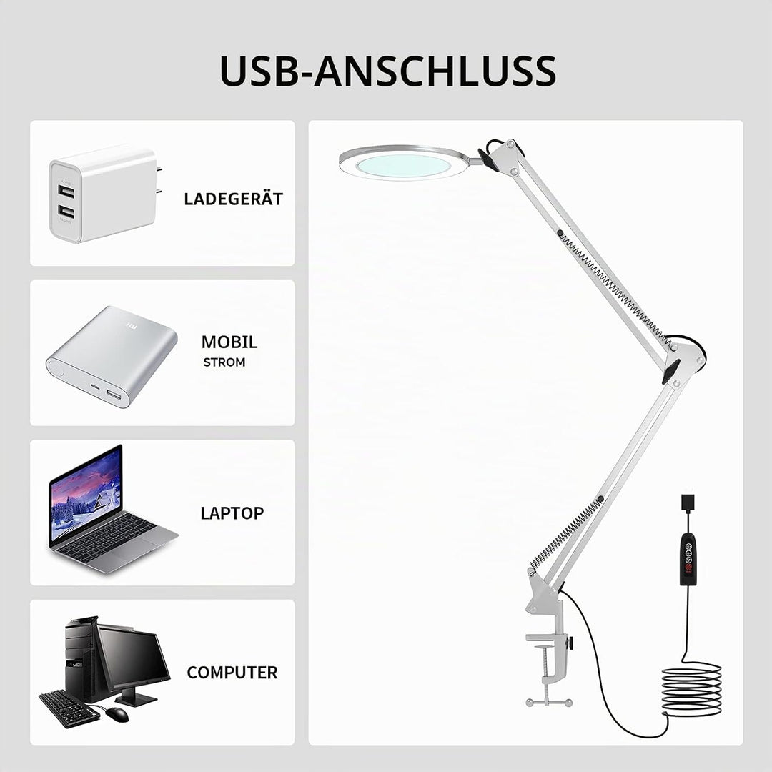 Beyamz Lupenleuchte Lupenlampe / 105 mm 5-Dioptrien-Echtglas / 3 Farbmodi / 10-stufig Dimmbar / 750