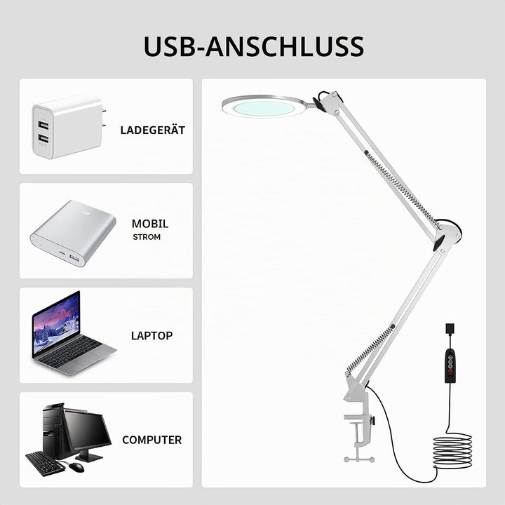 Beyamz Lupenleuchte Lupenlampe / 105 mm 5-Dioptrien-Echtglas / 3 Farbmodi / 10-stufig Dimmbar / 750