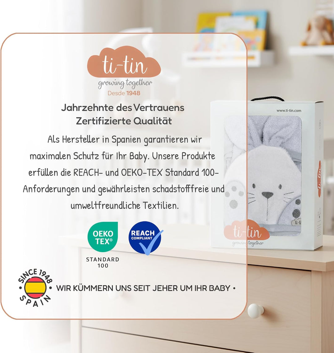 Ti TIN Kinder‑Bademantel mit Kapuze und Hasenohren – 100% Baumwolle, weich & saugfähi, Grösse 6–12 M