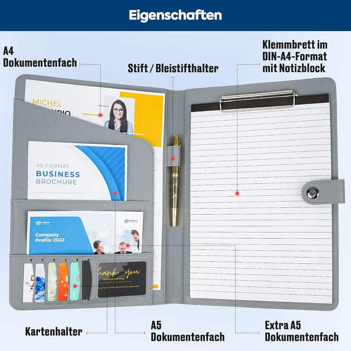AMKSONS Schreibmappe A4 in Grau inklusive Klemmbrett & DIN A4 Notizblock - Premium Konferenzmappe au